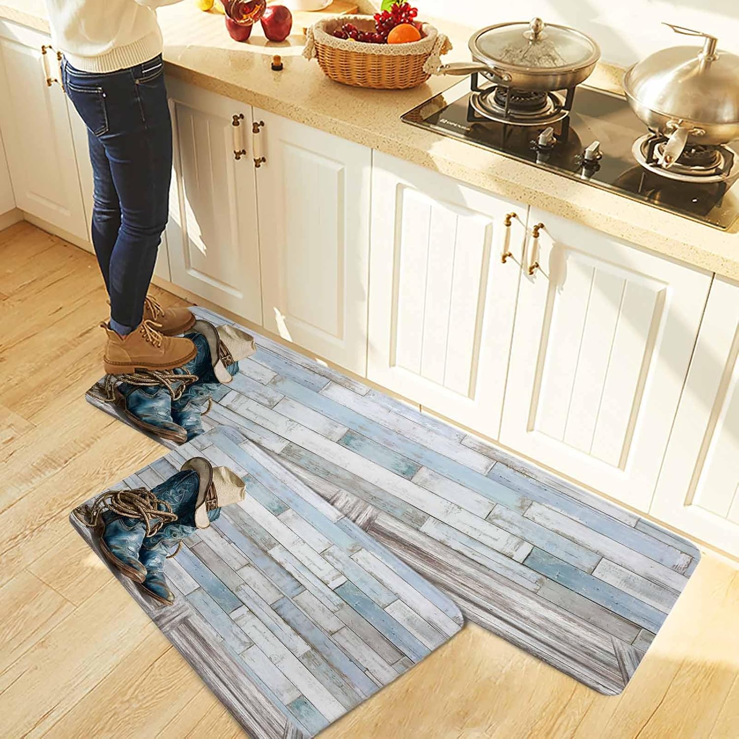 Western Cowboy Boots Kitchen Rugs and Mats Set of 2, Non-Slip Kitchen Sink Mat, Vintage Country Blue Wooden Washable Doormat Bathroom Rugs Runner for Bedroom/Living Room 19.7"x31.5"+19.7"x47.2"