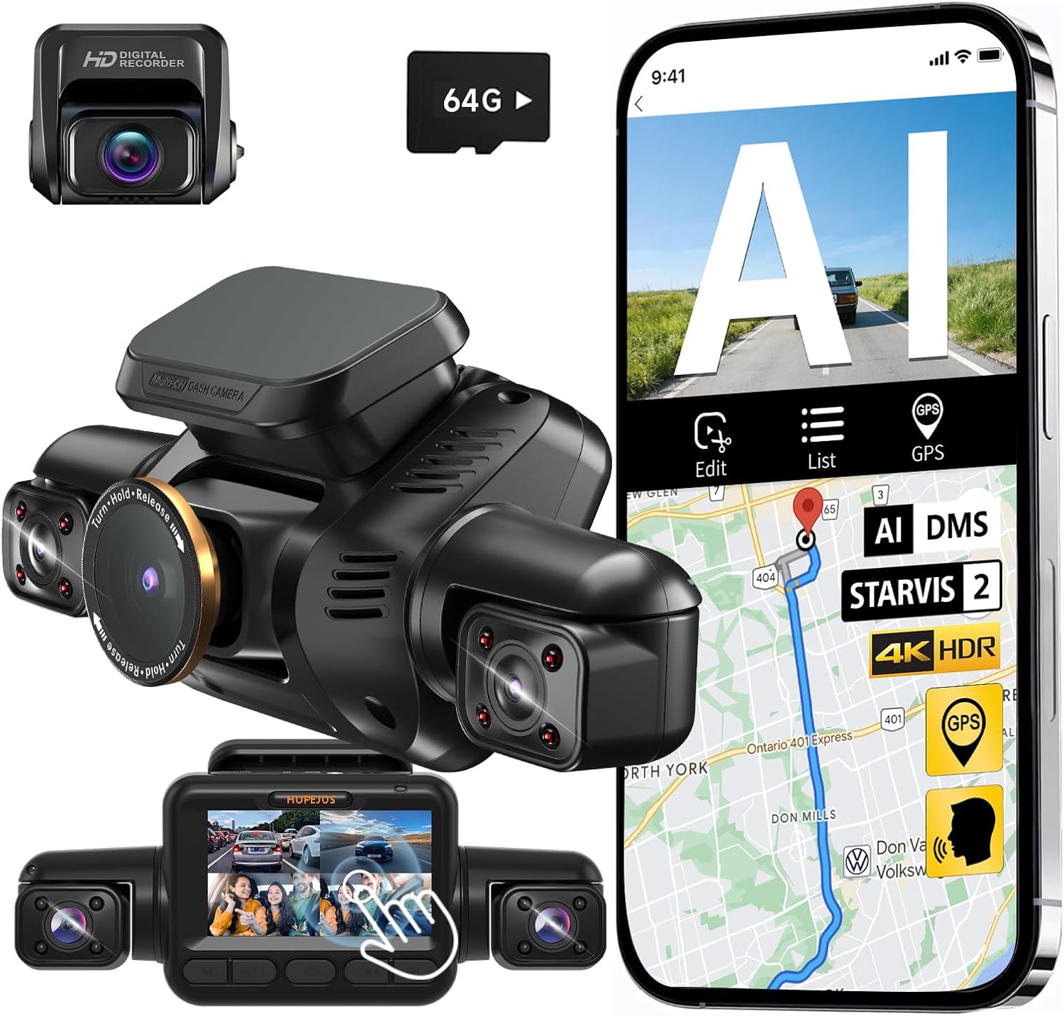 HUPEJOS V8 MAX 4K 4-Channel Dash Cam with AI DMS, STARVIS 2 Night Vision, 360° Coverage, 5G WiFi GPS, 3" Touchscreen & 64GB Card