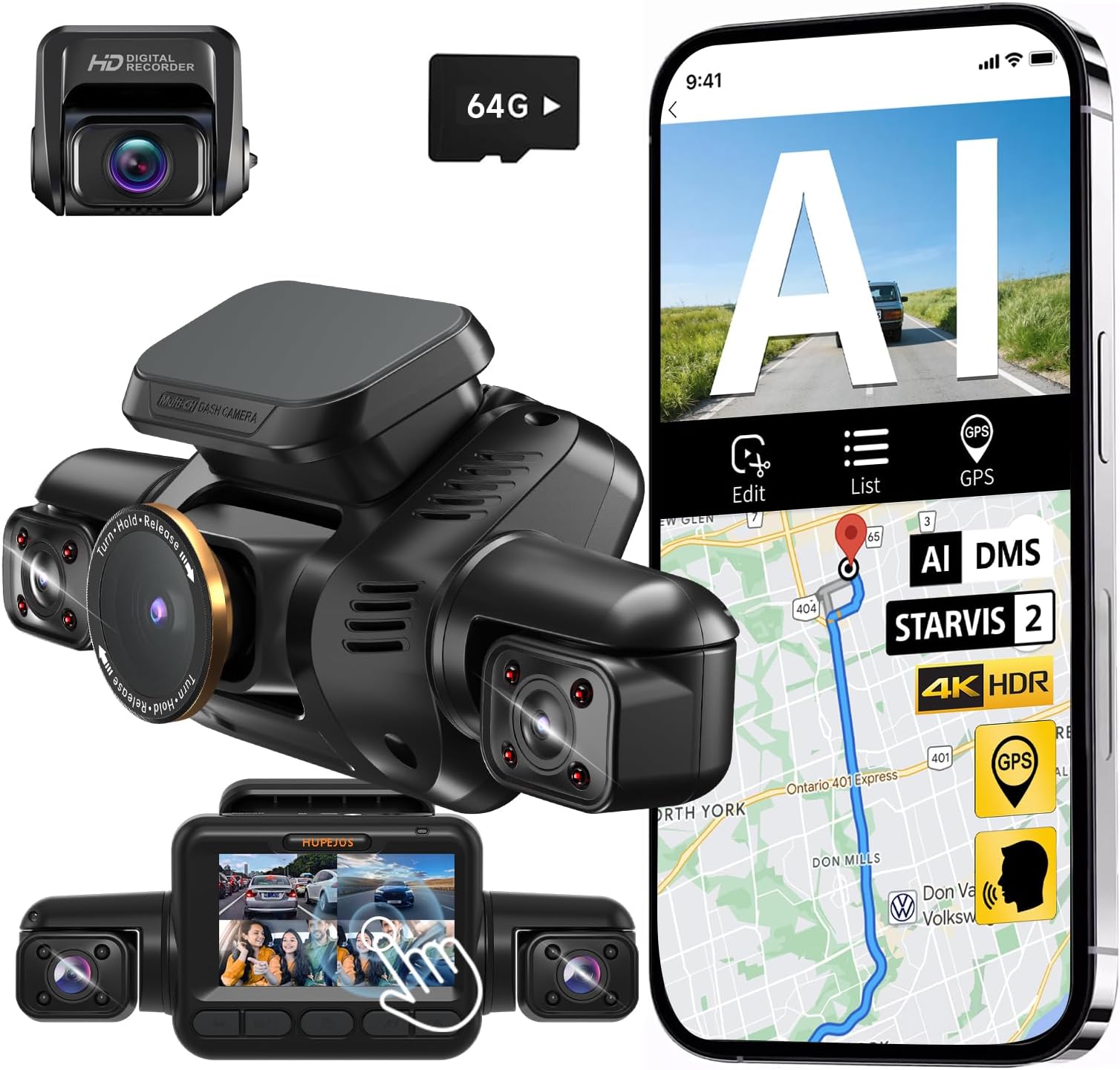 HUPEJOS AI 4K Dash Cam Front and Rear Recording with Driver Monitoring System, STARVIS 2 Night Vision, 360° View 4 Channel Dashcam Car Camera, 5G Wi-Fi GPS, CPL, 3" Touch Screen, with 64GB Card,V8 MAX
