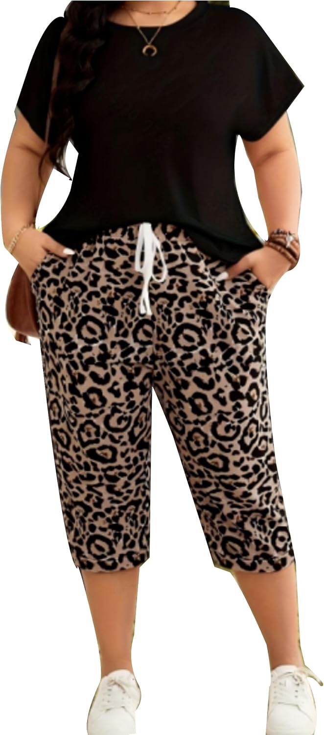 Plus Size Two Piece Outfits for Women Lounge Sets Short Sleeve Sweatshirt Capri Sweatpants Sweatsuits Set