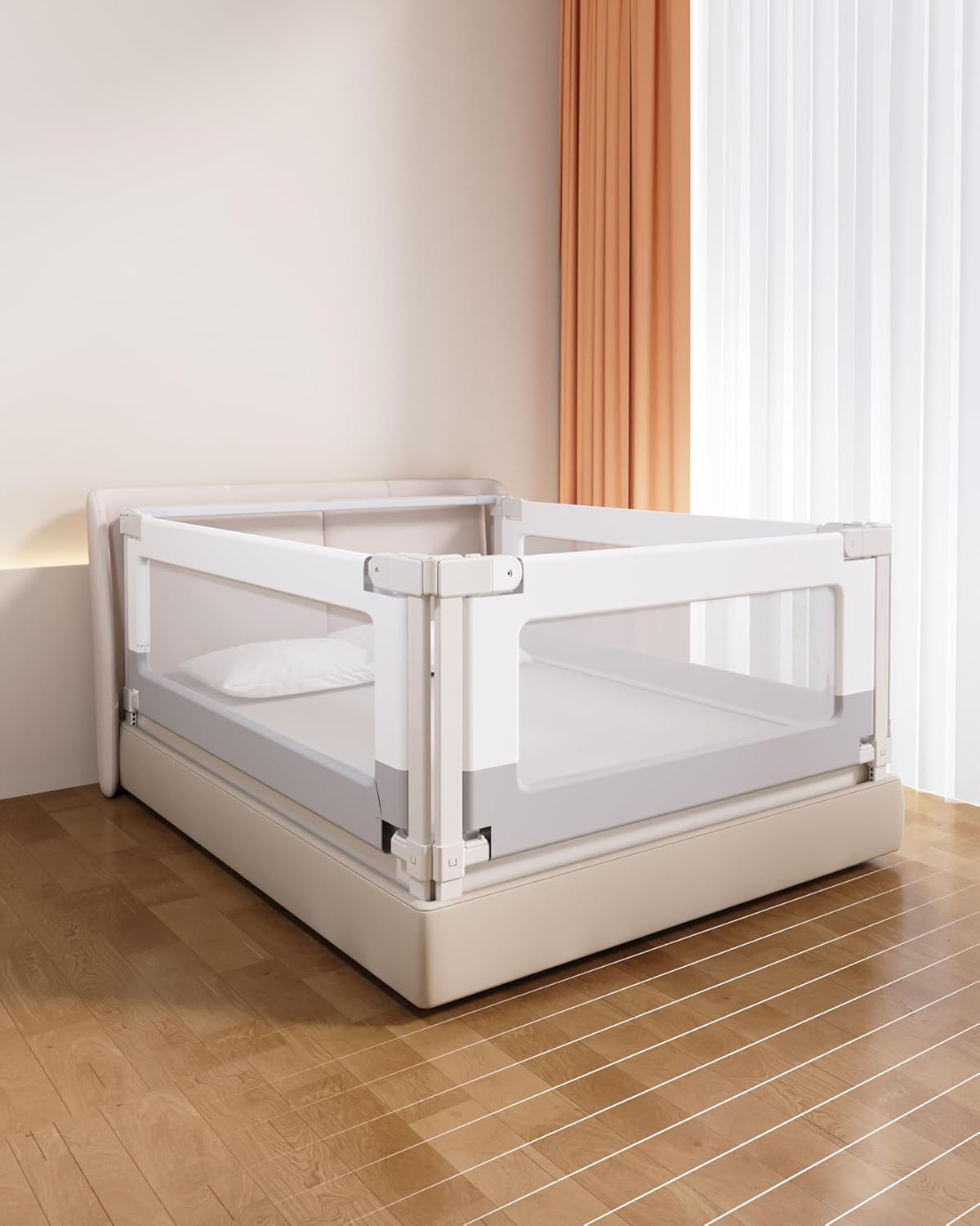 3 Piece Bed Rails for Toddlers, King Size Bed Rails for Babies, No-Drill Needed with Height Adjustable, Thickened Child Safety Side Railing Guards/Bedrail for Kids, White/Grey, 74.8x78.7x78.7in