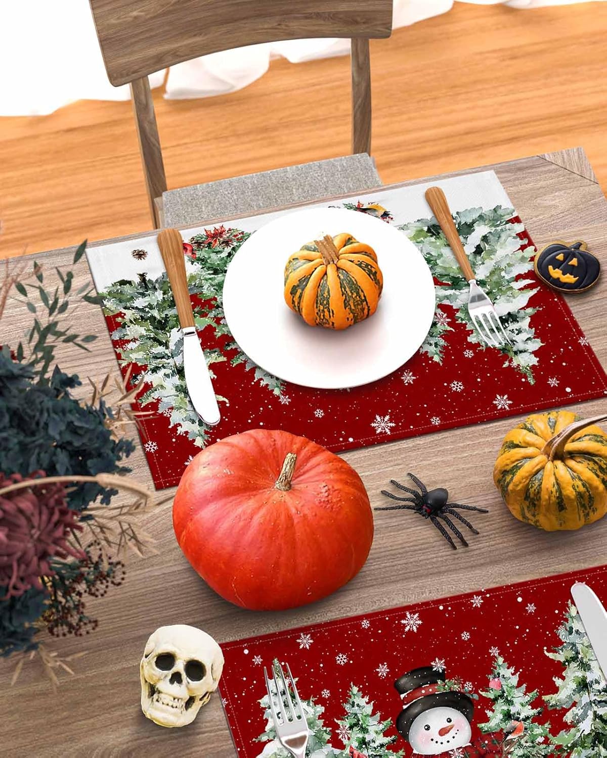 Christmas Placemats Snowman Pine Trees Placemats for Dining Table Cardinal Bird Gifts Snowy Red Table Mat Winter Holiday Home Party Kitchen Table Decorations Set of 8