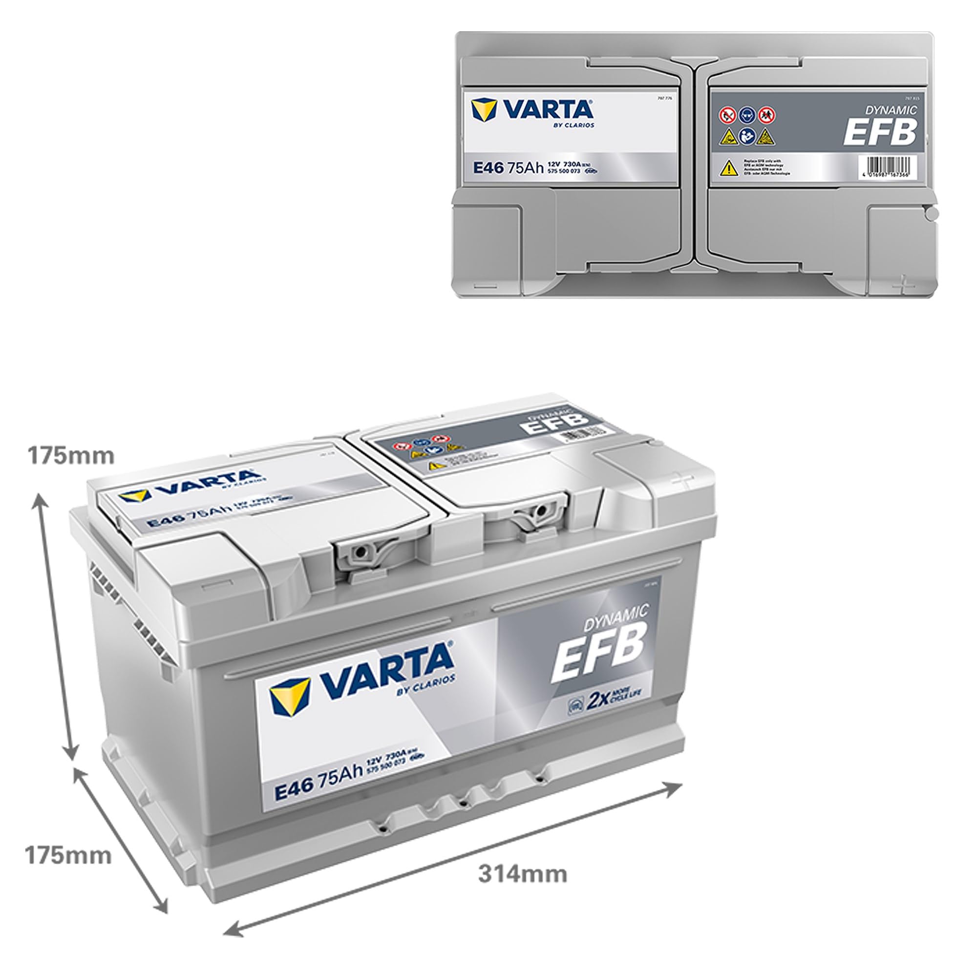 VARTA Automotive DYNAMIC EFB (E46) 12V 75Ah 730A - Batteria auto al piombo-acido per sistemi start-stop - Batteria di avviamento per macchine con elevato fabbisogno energetico - senza manutenzione