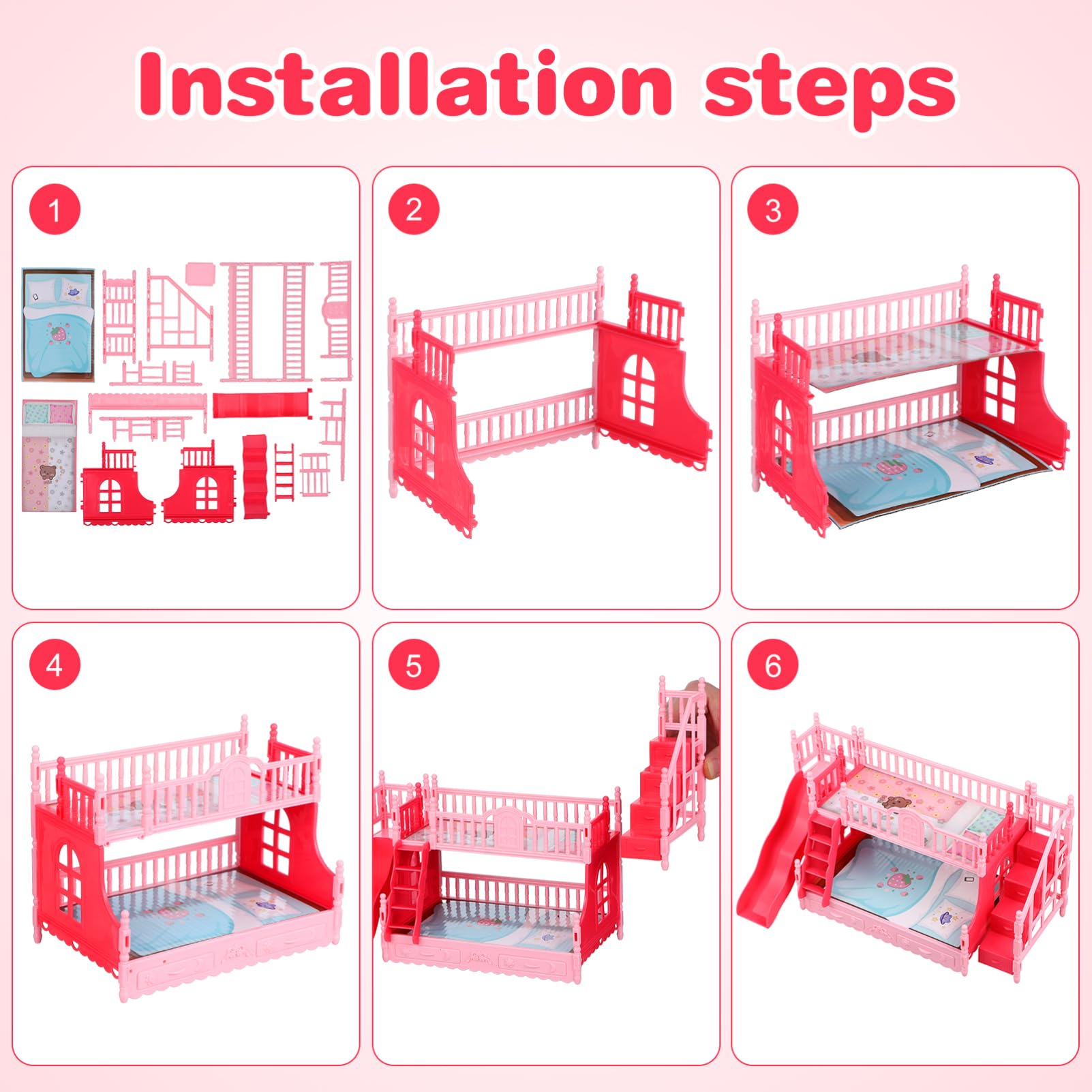 NUOBESTY Miniature Doll Bunk Bed with Slide, Pink ABS, 27.5 x 15 x 14 cm, Pretend Play Doll House Furniture for Girls - Image 3