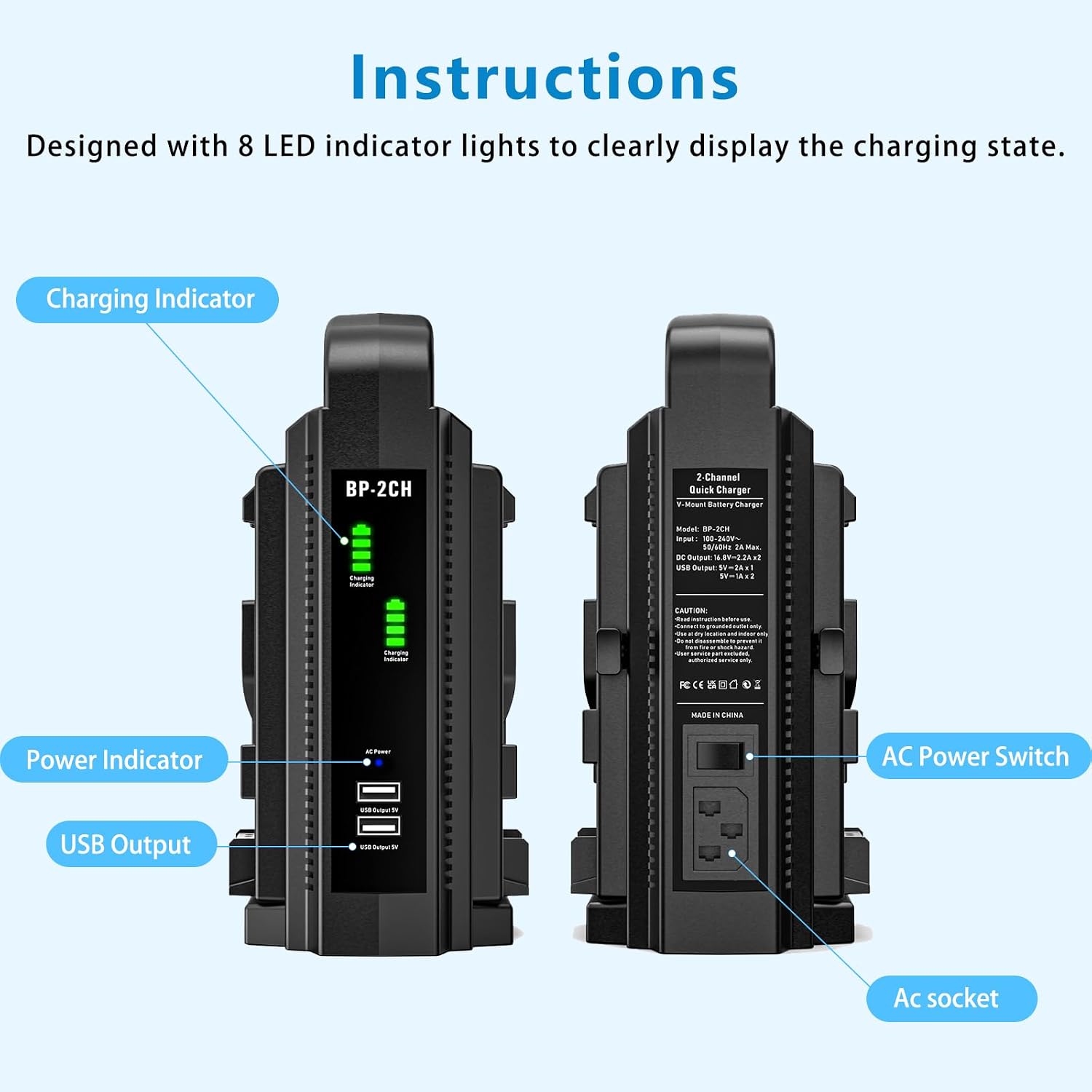 V-Mount Battery Charger/V Lock Battery Fast Charger, Dual Channel V-Mount/V Lock Battery Charger BP-2CH - Compatible with 14.4V/14.8V V-Mount & V-Lock Batteries (Battery Not Included)