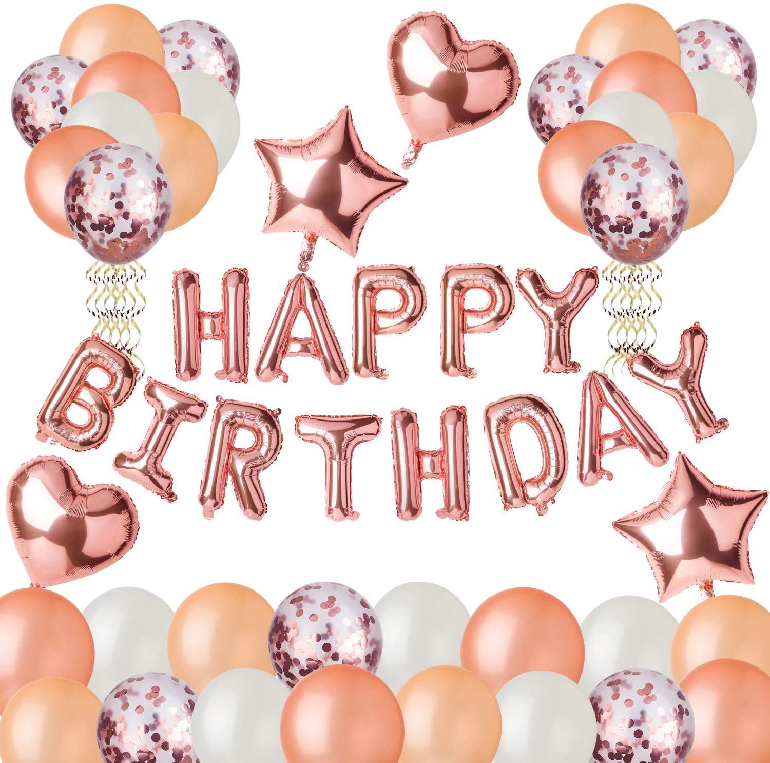 Rose Gold Happy Birthday Balloons,Rose Gold Birthday Party Decorations,Confetti Balloons with Happy Birthday Banner,Suitable for Girls Birthday Party Decorations