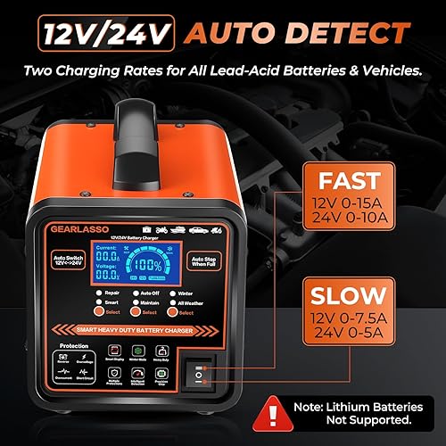 Miniatura 3 de Cargador de batería de coche de 12 V 24 V resistente, mantenedor de batería automático de 0-15 A con apagado automático, modo de reparación e