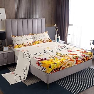 Thanksgiving Day Fitted Sheet Full, Vintage Farm Autumn Harvest Sheet Set,Oil Painting Fall Leaf Bed Sheets For Kids Teens Adult Men, Rustic Maple Leaves Top Sheet 4 Pieces With 2 Pillow Cases