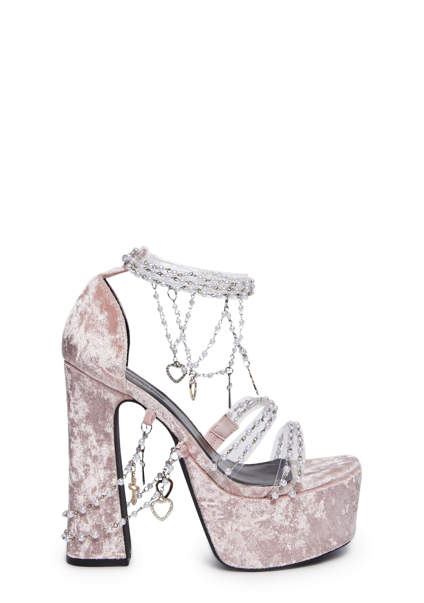 Dolls Kill Holy Revelation Platform Heels by Sugar Thrillz, Velvet Heels with Pearl Beads & Adjustable Straps