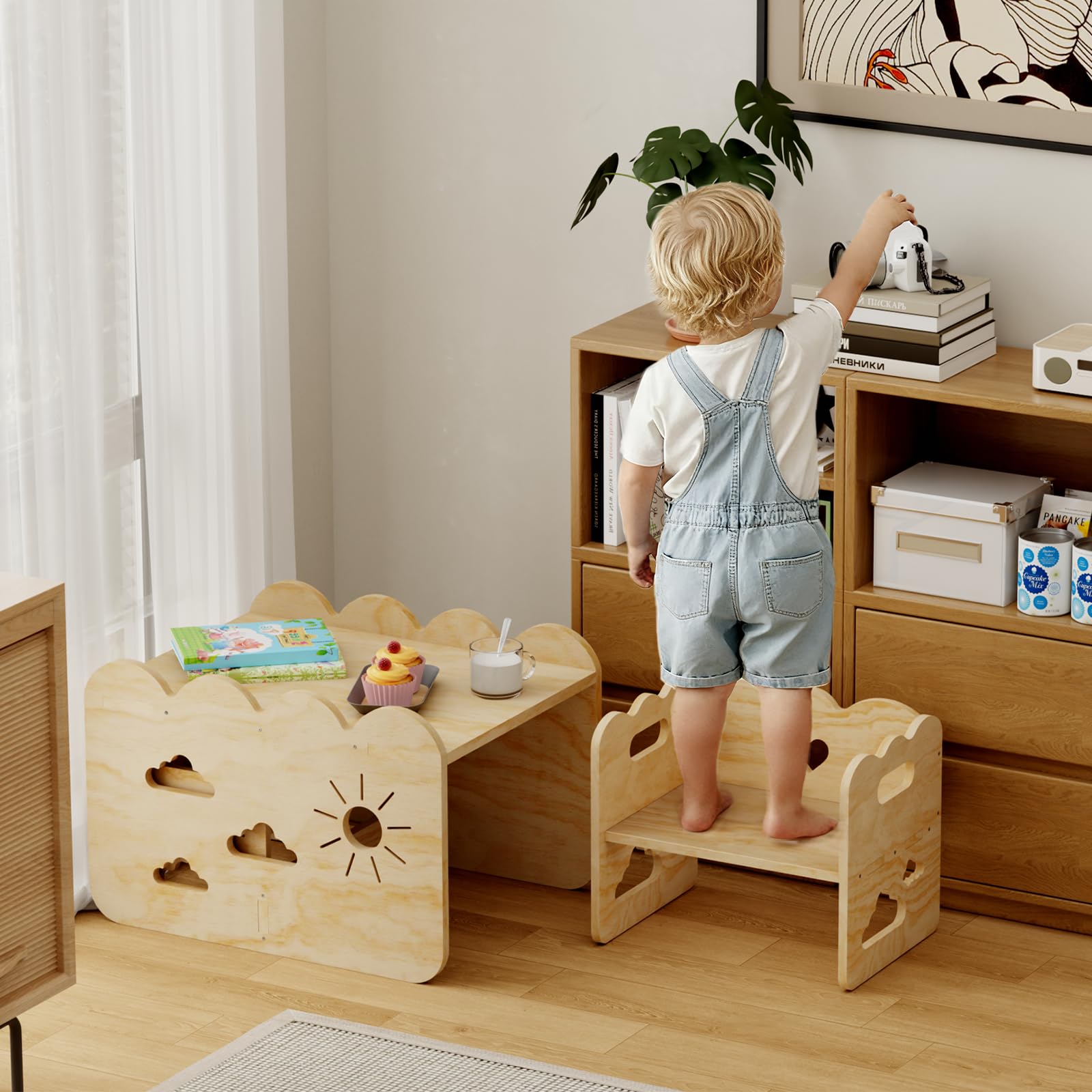 Kindertisch-Set mit 2 Stühlen aus Holz – Montessori-Tisch und -Stühle, Montessori-Möbel, Kindertisch-Stuhl-Set，ideale Montessori-Möbel für Mahlzeiten, Lernen und Spielen