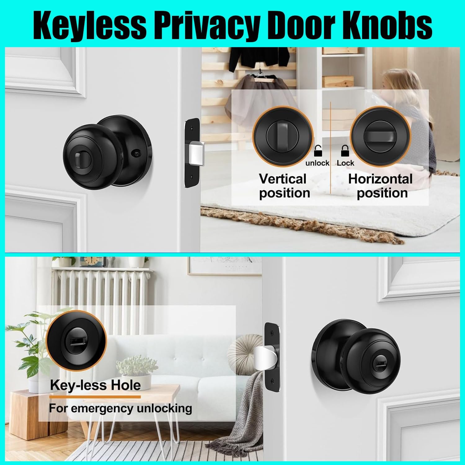 Matte Black Round Door Knob, Keyless Privacy Lock for Bedroom Bathroom, Adjustable Latch, Reversible Left/Right Hand (Black, 5X2INCH-10PACK)