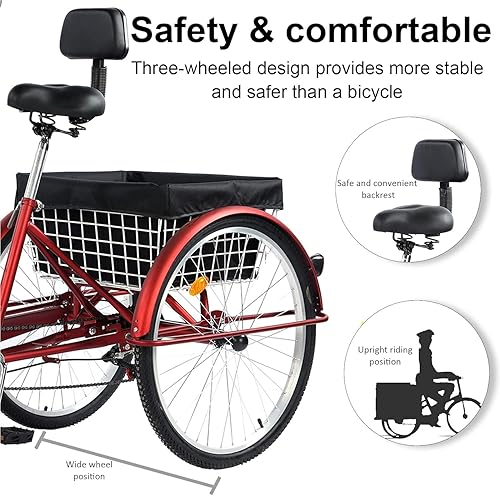 Miniatura 12 de Triciclo para adultos de 24/26 pulgadas, 7 velocidades, triciclos de montaña de 3 ruedas, bicicletas de tres ruedas con cesta y asiento de respaldo