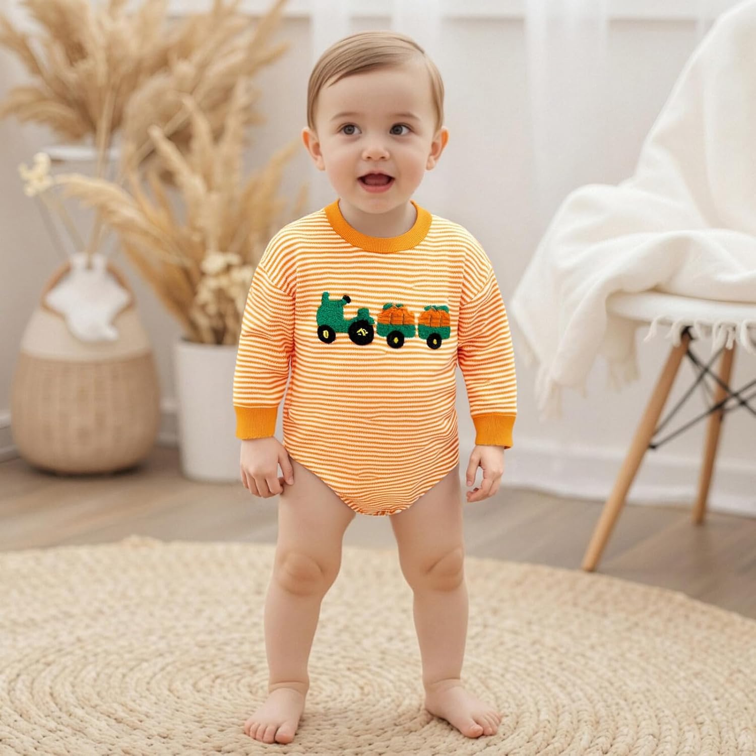 Newborn Baby Boy Halloween Outfit Pumpkin Tractor Embroidery Striped Bubble Romper Long Sleeve Waffle Knit Bodysuit - Image 4