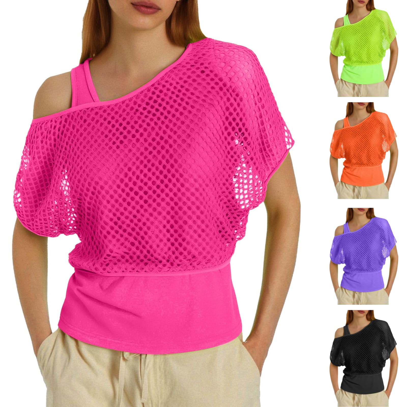 Neon Mesh Top Women's Mesh Top Mesh Shirt Carnival Costume 70s 80s Shirt Short Sleeve Blouse T-Shirt Aerobic Rave Party Top Fancy Dress Theme Party Outfit Fancy Dress Costumes, pink, XL
