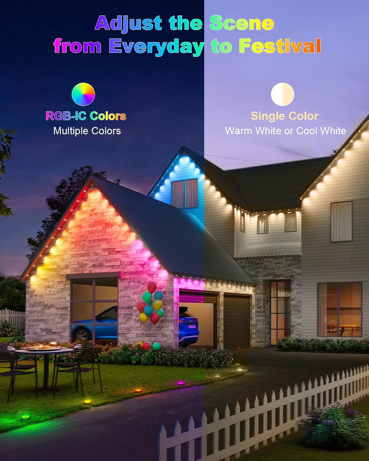 BRIMAX 50ft Permanent Outdoor Lights for House,30 Smart RGB+IC LEDs Christmas Light Outside,16 Million DIY Colors,IP65 Waterproof, Compatible with Alexa,Google Assistant,Holiday Daily Decoration
