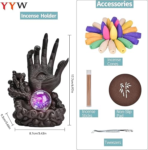 Miniatura 6 de YYW Soporte de incienso de cerámica, quemador de incienso de cascada de flujo de mano con ojos, cascada de incienso con 20 conos de incienso de