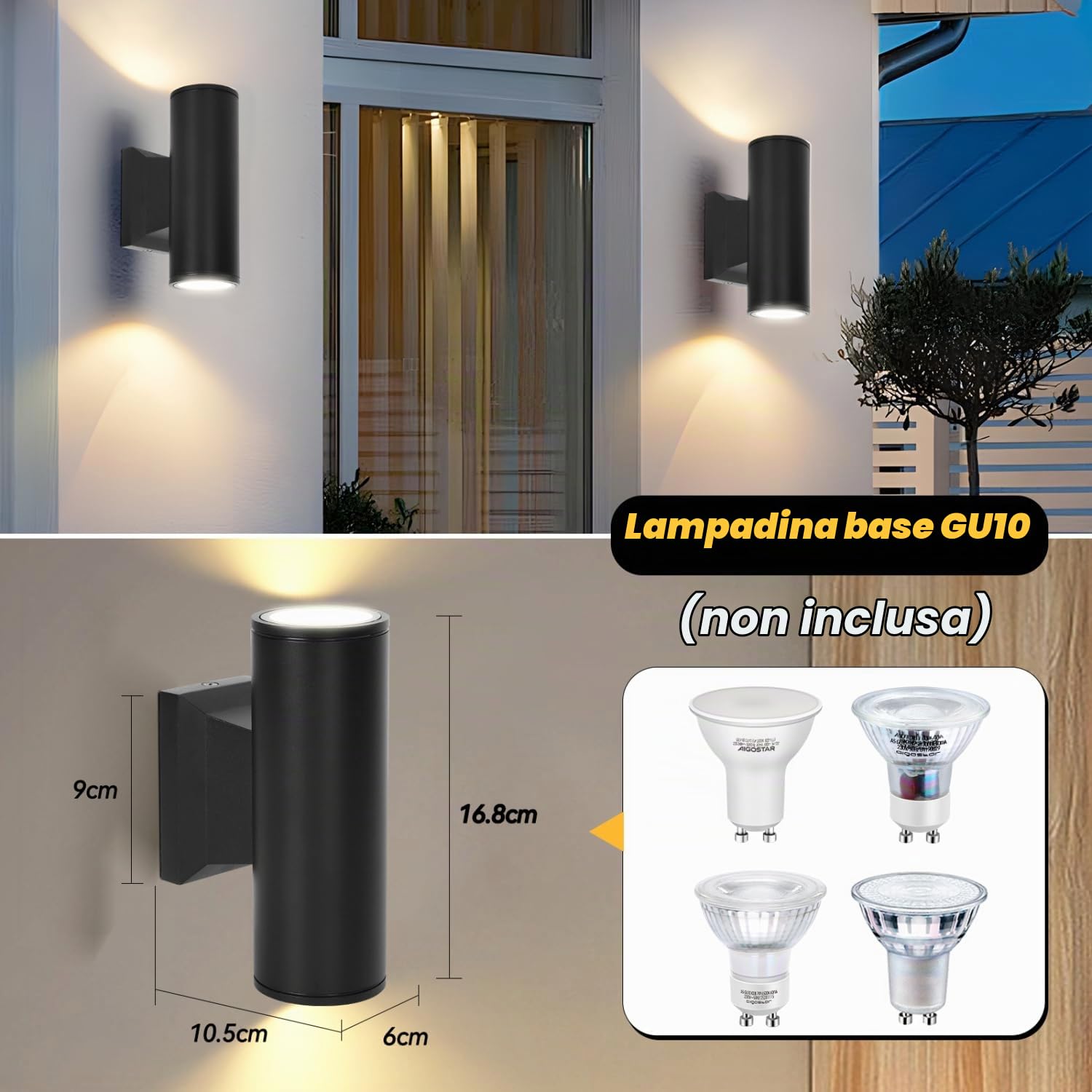 Aigostar Applique LED da Parete Esterno, Lampada da Parete Cilindrico Alluminio GU10, Impermeabile IP65 Luce Esterno, per Patii, Giardini, Corridoi, Balconi,Vialetti, Lampadina non inclusa(12 pacchi
