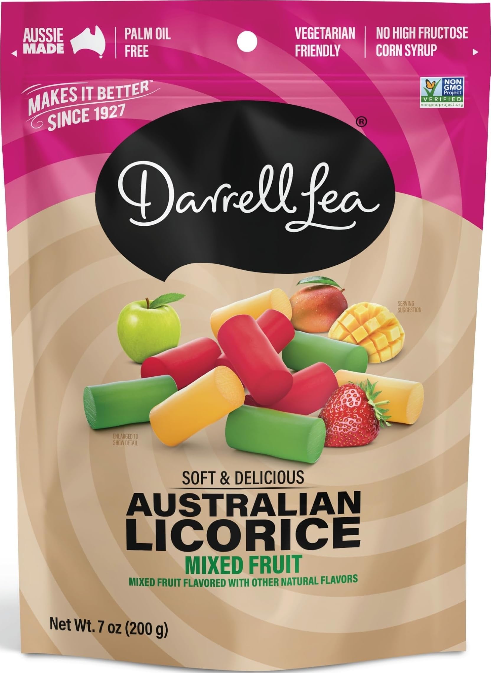 Darrell Lea Soft Australian Licorice, Non-GMO, No Palm Oil, Vegetarian Friendly, No High Fructose Corn Syrup, Soft & Chewy Licorice Candy, Made in Australia (Mixed Fruit, 7 Ounce (Pack of 1))