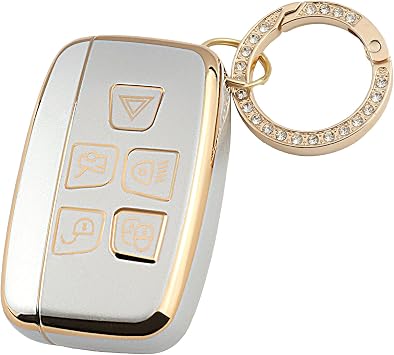 Key Cover for Land Rover Range Rover Discovery Sport Defender Evoque Velar Jaguar XF XE XJ XJL F-pace F-type 5 Button TPU Key Case with Keyring, Silver