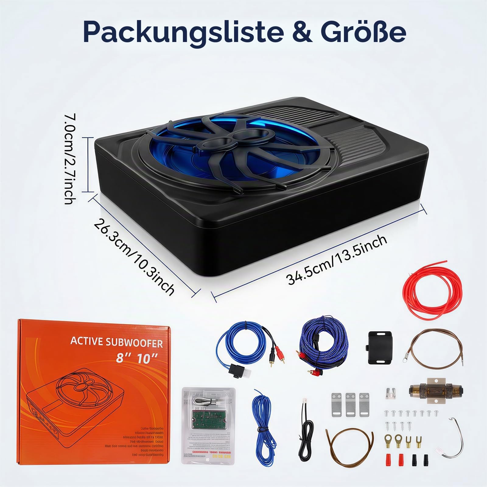 OiLiehu Untersitz Auto Subwoofer 1000W, 10" Schlanker Auto Subwoofer mit Stereo-Surround-Sound, Integrierter Audioverstärker, mit Blauem LED-Umgebungslicht