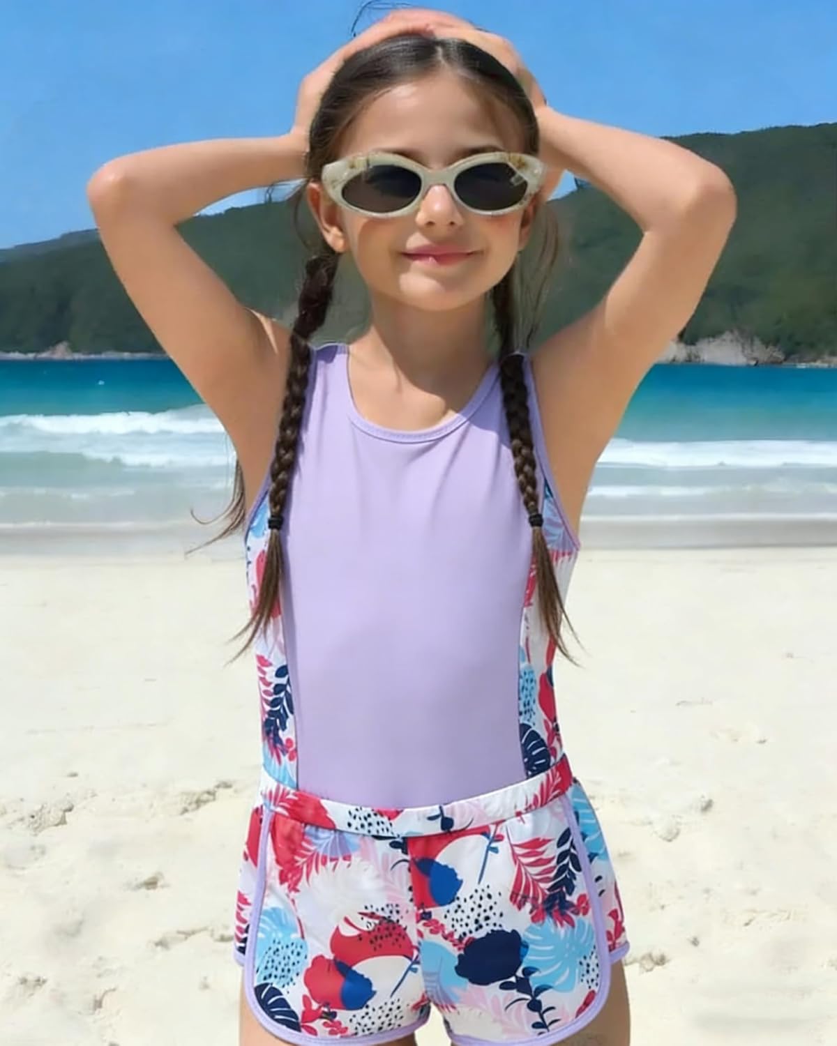 Kid Girl Swimsuit Set 2PC Bathing Suit for Girls, Tropical Girls' Full Coverage Swimwear Shorts Set