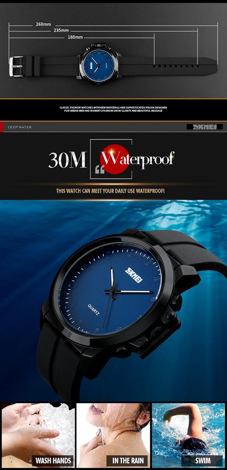 Illustrations showing the SKMEI 1208 watch being used for hand washing, in the rain, and swimming