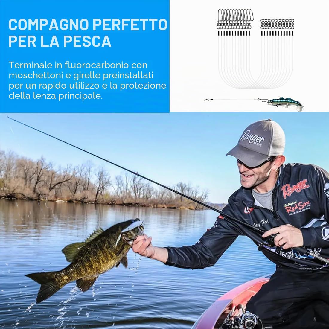 12 Pezzi Leader di pesca del fluorocarbon Leader del fluorocarbon per la pesca d'acqua dolce linea di piombo del fluorocarbon con le girelle Spinning o Ami Carpfishing Trasparenti