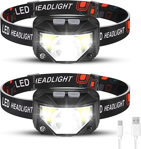 Linterna frontal recargable, 2 paquetes, faros LED, faros delanteros para adultos, linterna con luces blancas rojas, lámpara de cabeza impermeable