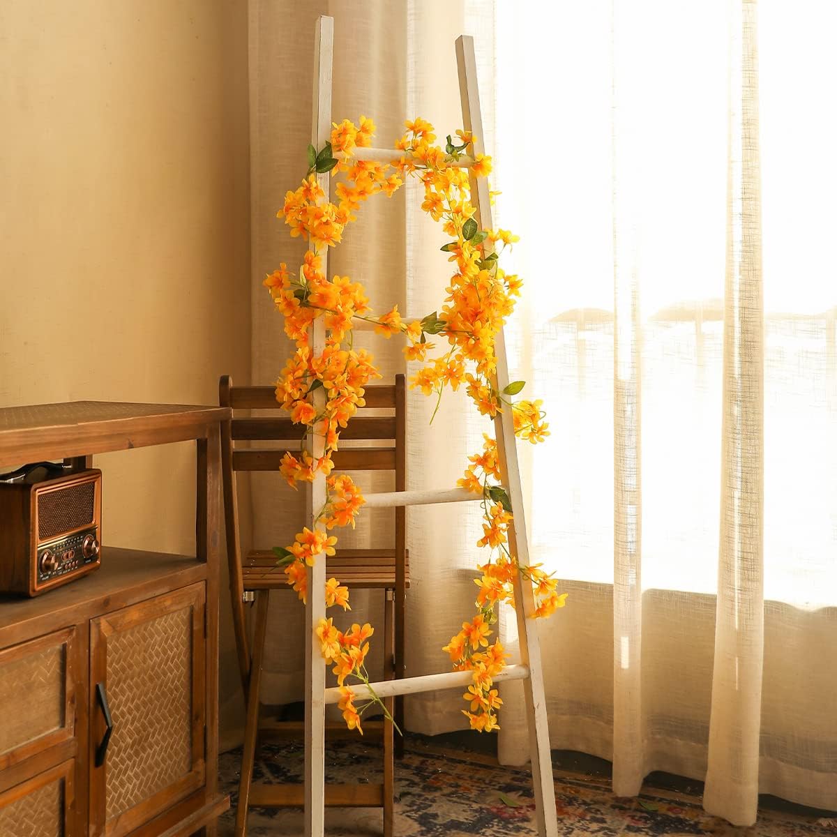 JUSTOYOU 2 Pcs 5.7FT Artificial Sakura Cherry Blossom Flowers Hanging Vine for Outdoor Indoor Wedding Wall Badroom Decoration (Cherry Blossom Yellow) - Image 5