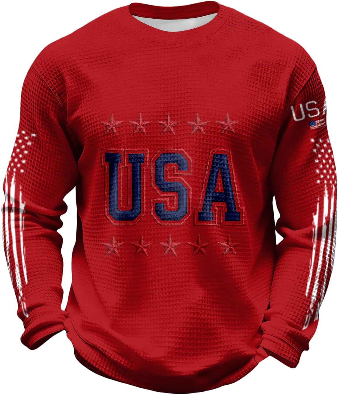 4th of July Shirts for Men, 250 Anniversary USA Shirt, Long Sleeve Crewneck Waffle Knit Patriotic T-Shirts, S-5XL