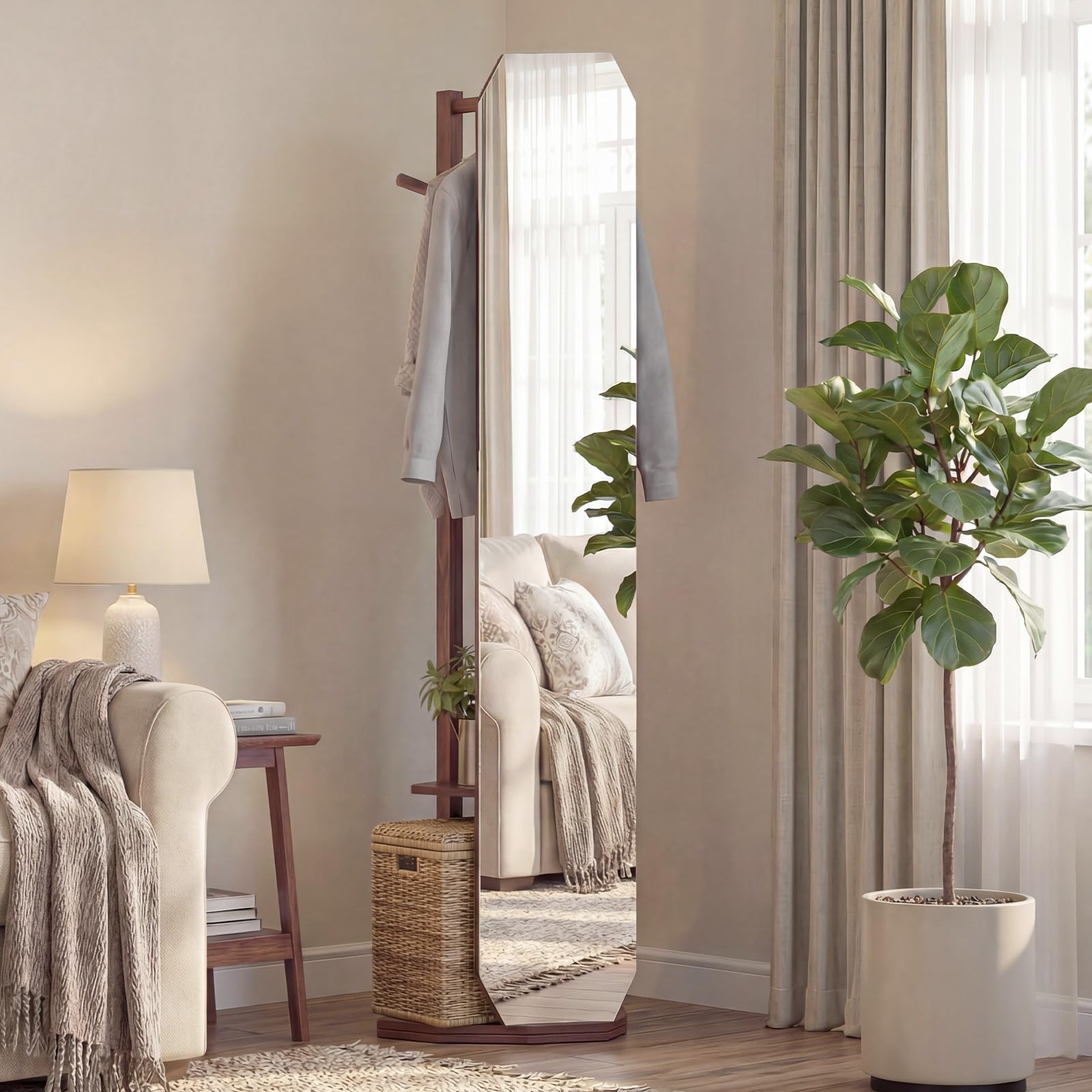 COSTWAY Miroir sur Pied, Grand Miroir avec Porte-Manteau, Base Pivotante à 360°, Cadre en Bois Massif, 2 Étagères de Rangement, 4 Crochets, Barre, pour Chambre Salon (39,5 x 39,5 x 166,5 cm,Noyer)