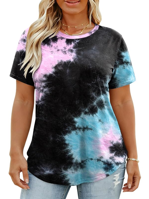 VISLILY Plus Size Tops for Women Dressy Casual Short Sleeve T Shirts Summer Round Neck Tees Fashion Color Block Tunics 2Xl Black Pink by VISLILY - Used condition - Image 5