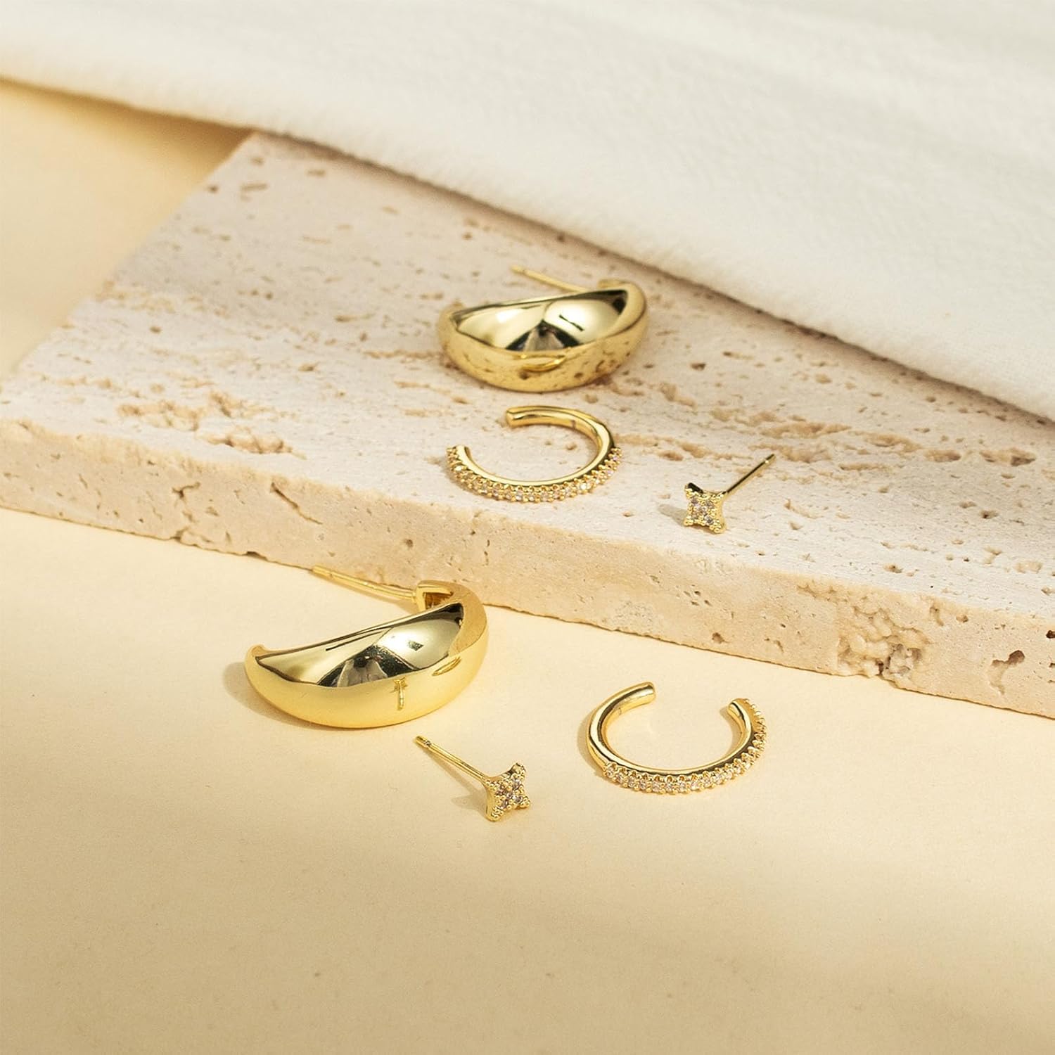 3 Pairs Gold Earrings for Women Trendy, 14K Gold Plated Hypoallergenic Chunky Cartilage Hoop Earring Set Dainty CZ Stud Earring Huggie Stacks Fashion Accessories Jewelry Valentines Day Gifts for Her - Image 7