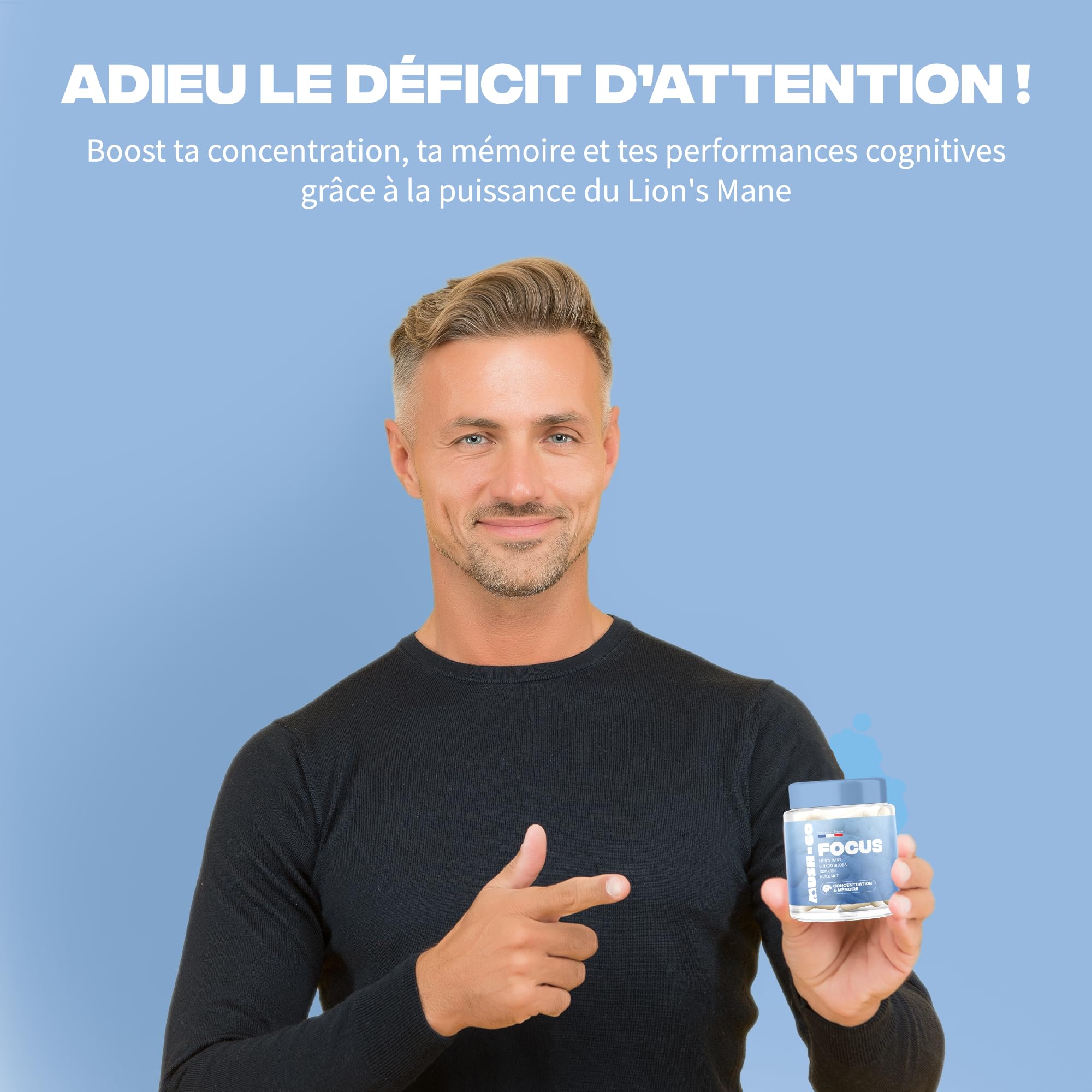 Focus Améliore Concentration & Clarté Mentale - Lion's Mane, Ginkgo Biloba, Romarin, Huile MCT - Fabriqué en France - Vitamines & Minéraux - Adaptogènes Naturels - Vegan, Sans Gluten