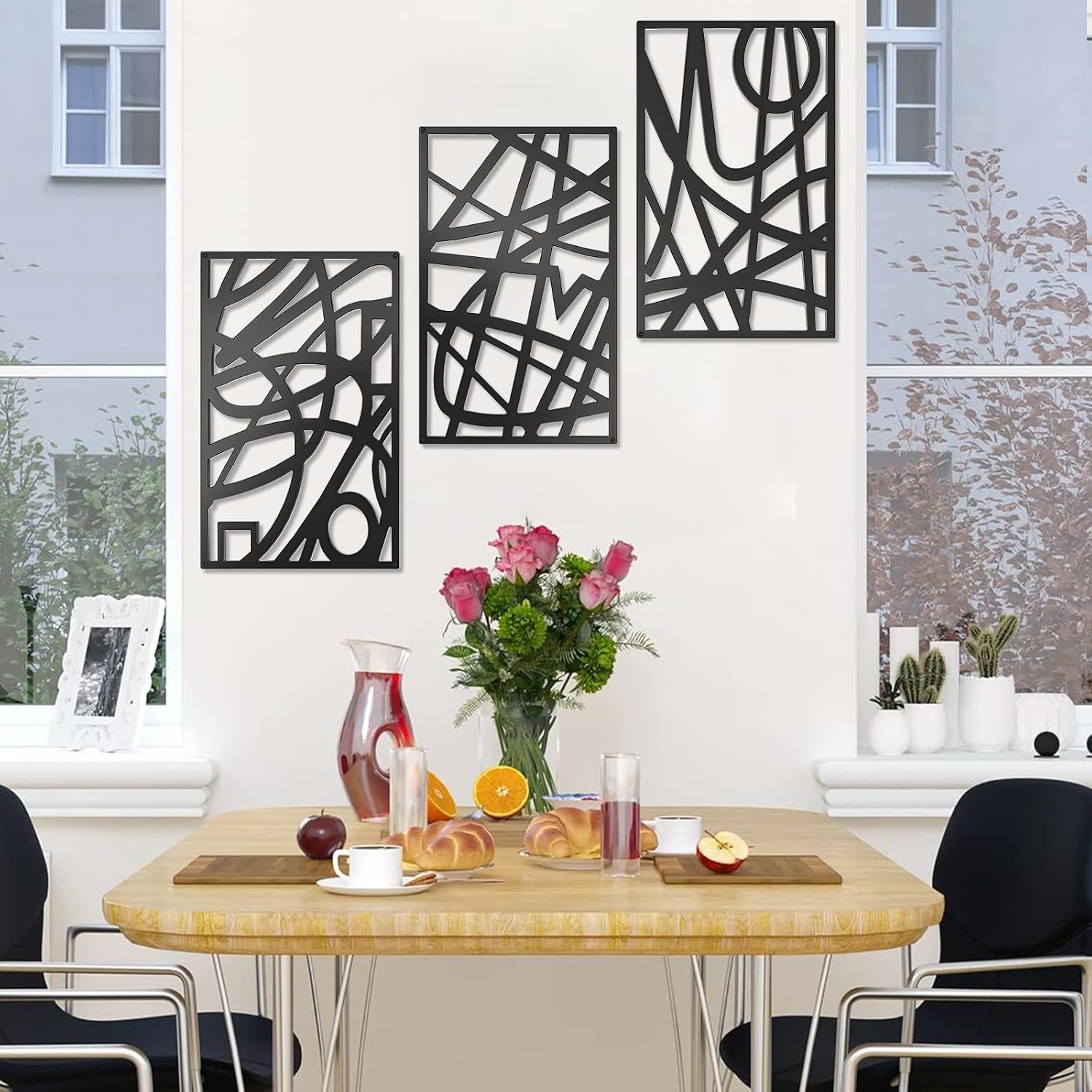 Gouisalin 3 Pack Black Abstract Metal Wall Decor, Minimalist Hollow Out Single Line Art Wall Décor, 3D Textured Sculptures Modern Wall Art for Living Room Bedroom Bathroom Office (9.8" x 15.7")