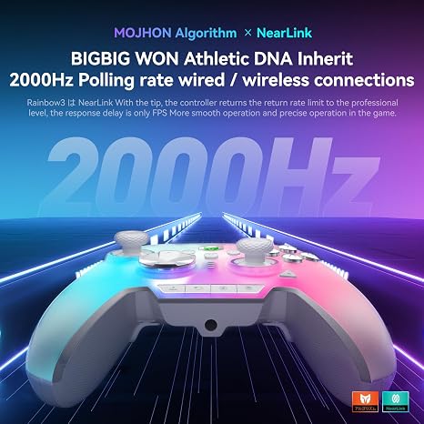 BIGBIG WON Rainbow 3 Wireless PC Gaming Controller Capacitive Joystick 2000Hz Polling Rate 16 Mechanical Keys 14 Custom RGB Lights 6-Axis Gyro Sensor Hall/Micro-switch Trigger 3.5mm Audio Jack Gamepad for PC/Switch2/iOS/Android