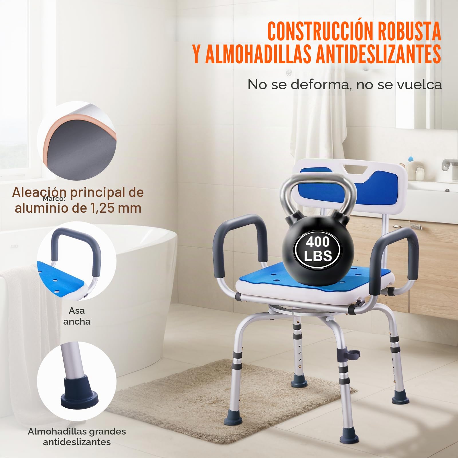 VEVOR Silla de Ducha Giratoria 360 Grados con Reposabrazos y Respaldo para Ducha Interior o Bañera, para Personas Mayores Discapacitadas Heridas, Capacidad de 180 kg, 565 x 530 x 835 mm, Aleación, PVC
