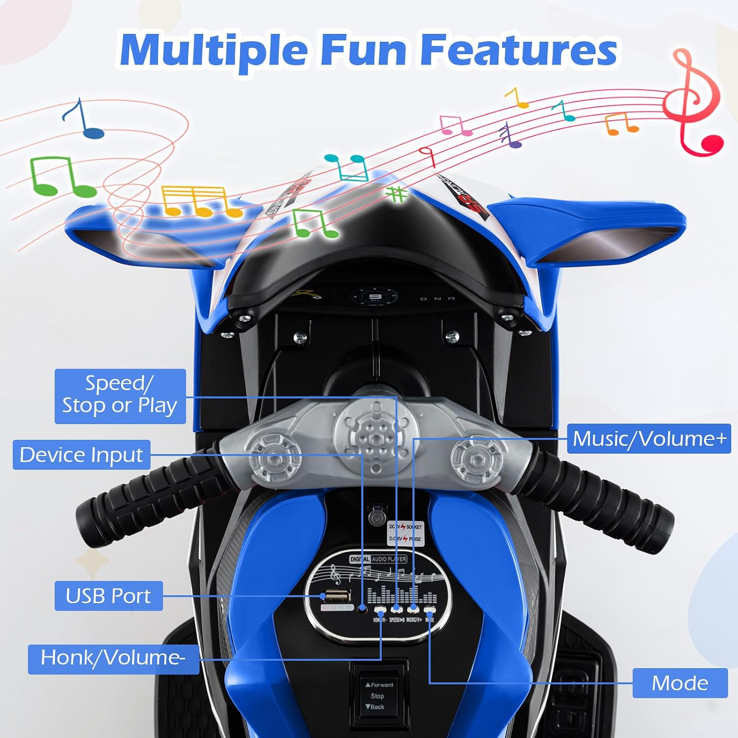 Image detailing the multiple fun features on the control panel of the OLAKIDS 6V Kids Motorcycle, including speed/stop/play, device input, USB port, horn/volume-, and music/volume+ controls.