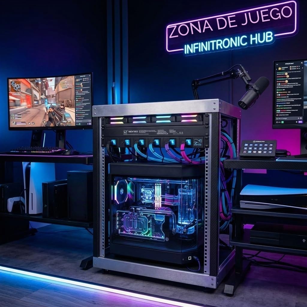 Infitronic - INSV1003A - 19 Pulgadas 1HE 6 Canales Consola de conmutación Regleta de alimentación DJ Switch Gaming Power Strip (conmutable Individualmente y Fusible Fino)