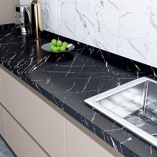 Miniatura 3 de FunStick Papel tapiz de mármol negro mate de 24 x 200 pulgadas, para despegar y pegar, papel de contacto de mármol impermeable para encimeras, papel