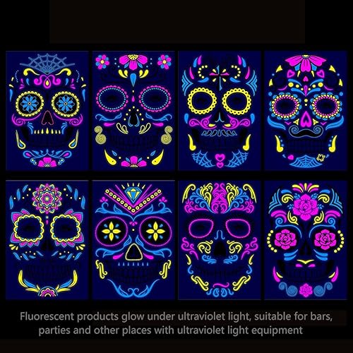 Miniatura 2 de 8 hojas de tatuajes faciales luminosos de Halloween que brillan en la oscuridad del día de los muertos, tatuajes de cara completa, decoraciones