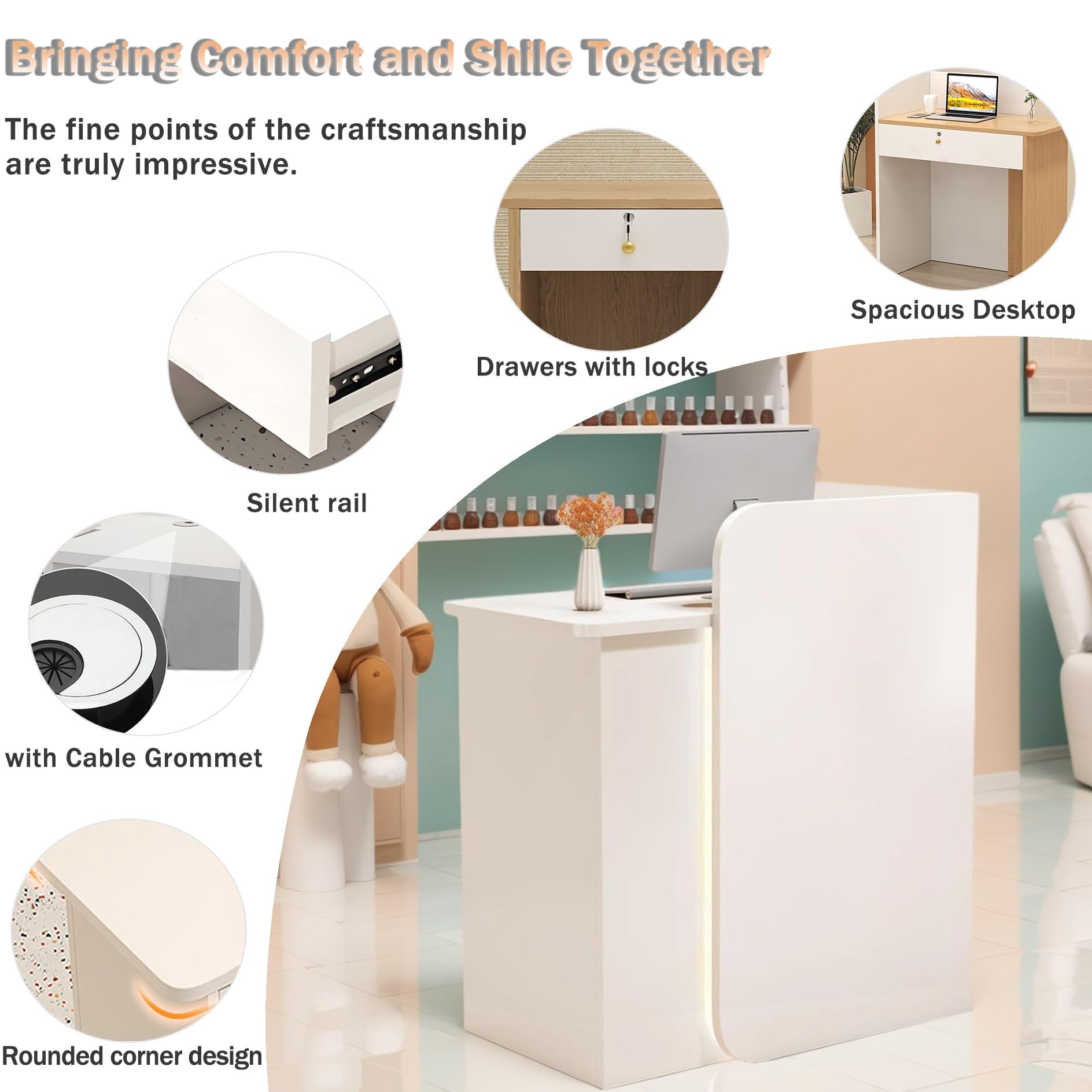 Banco Reception Estetica con Luce e Cassetti, Bancone Cassa Negozio, Bancone Ufficio, Cassette di Ricevimento, per Sale Aziendali, Negozi di Frutta, Reception Alberghiere (White, 60X45X100