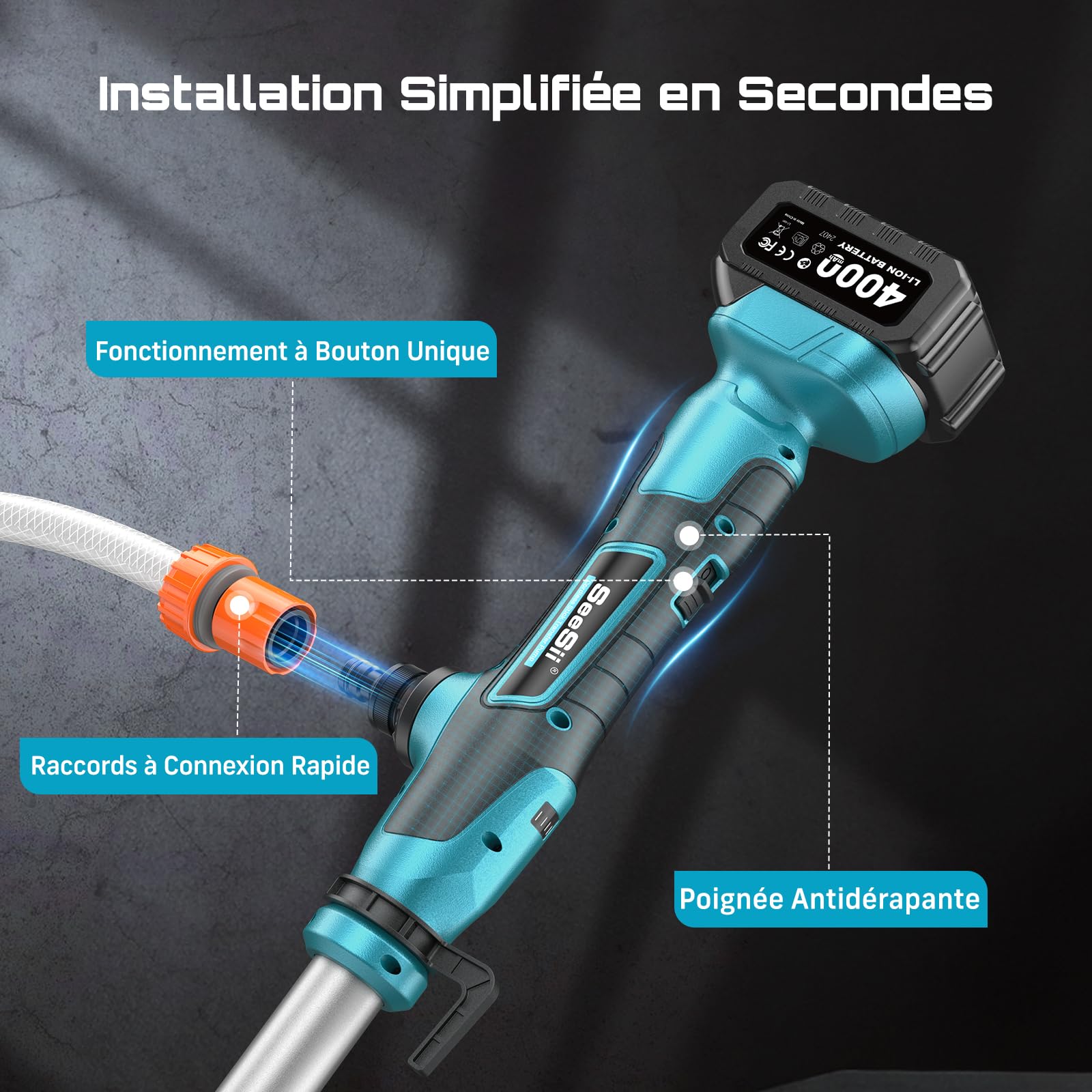SEESII Pompe de Transfert d'Eau Sans Fil, avec Batterie 4000mAh 21V et Chargeur, 720GPH, Hauteur de Refoulement de 32 Pieds, Pompe Portative avec Sortie de 3/4 Pouce pour Vidange de Piscine/Jardin