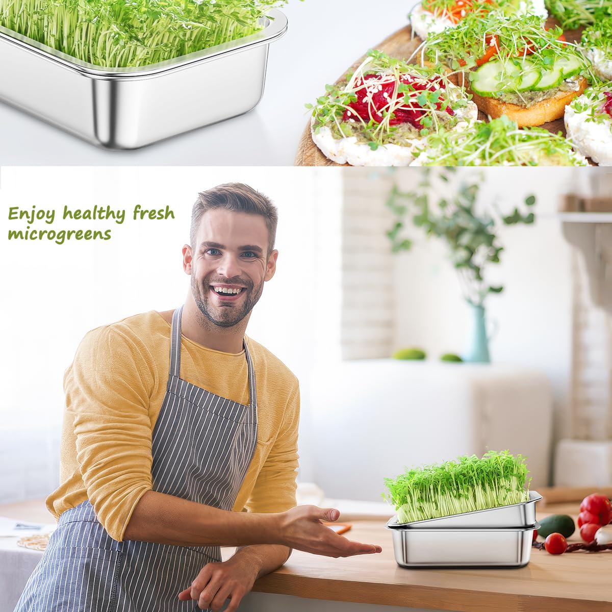 FANHAO Kit di 2 vassoi per germogliare, in acciaio inox, senza suolo, per coltivare erba di grano sana, kit per piantine di piante da interno