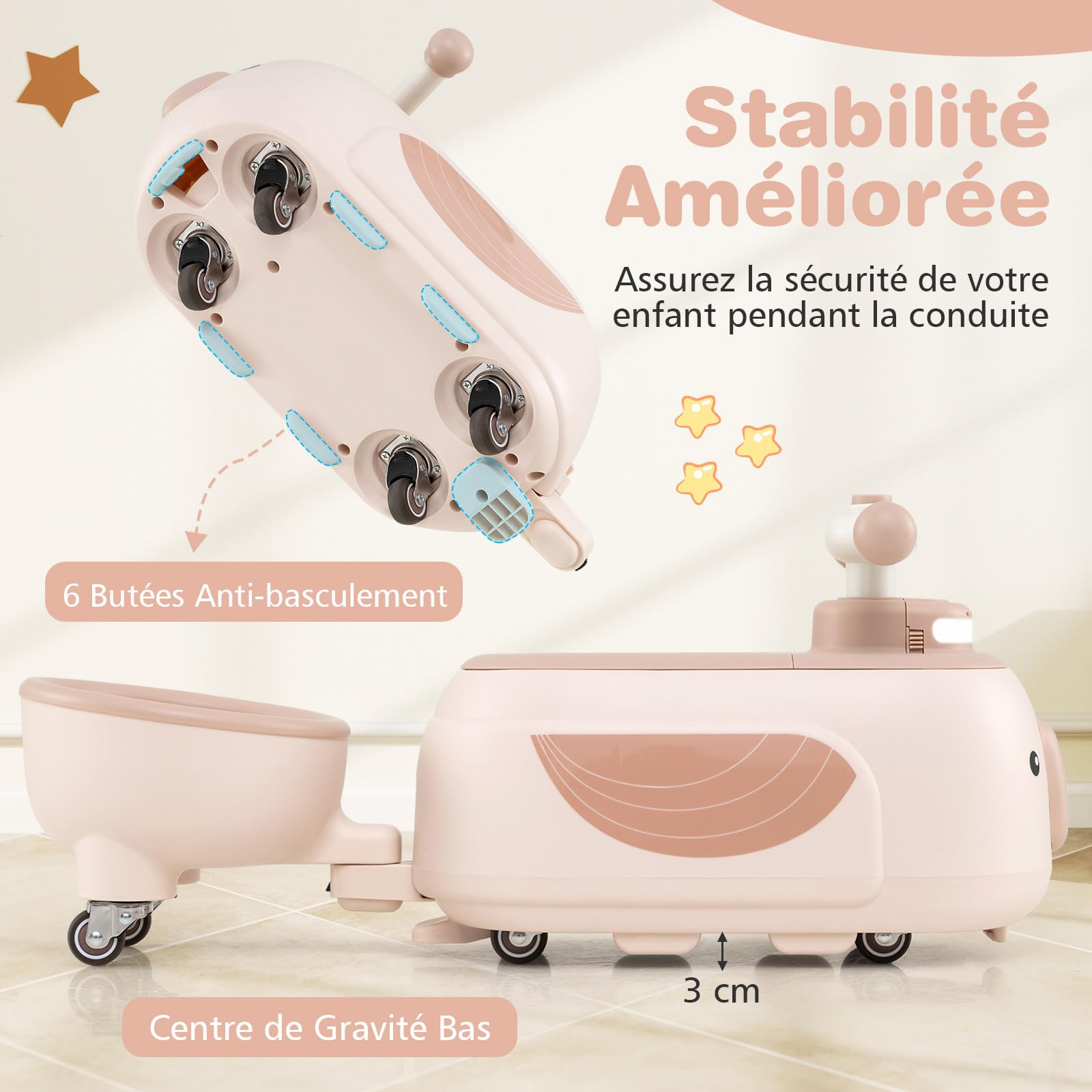 COSTWAY Porteur Enfant avec Remorque Amovible & Lumière & 5 Chansons, Voiture à Pousser Bébé avec Forme Pingouin & 6 Roues, Espace Caché & Poignées Arrondies, Charge 25kg pour 12 Mois+ (Rose)