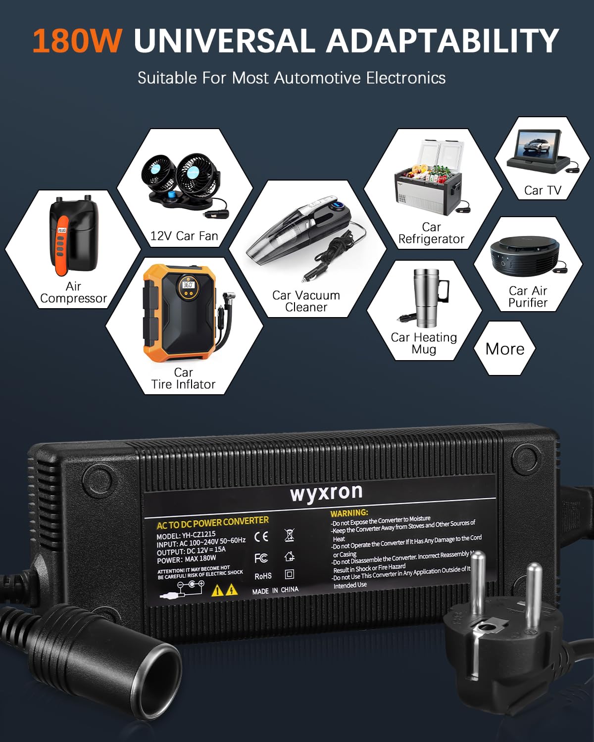 Spannungswandler 230v auf 12v, Kfz Netzadapter 12V 15A Netzteil 180W Max Wechselrichter Adapter Zigarettenanzünder Steckdose, für Kühlbox/Autoausrüstung