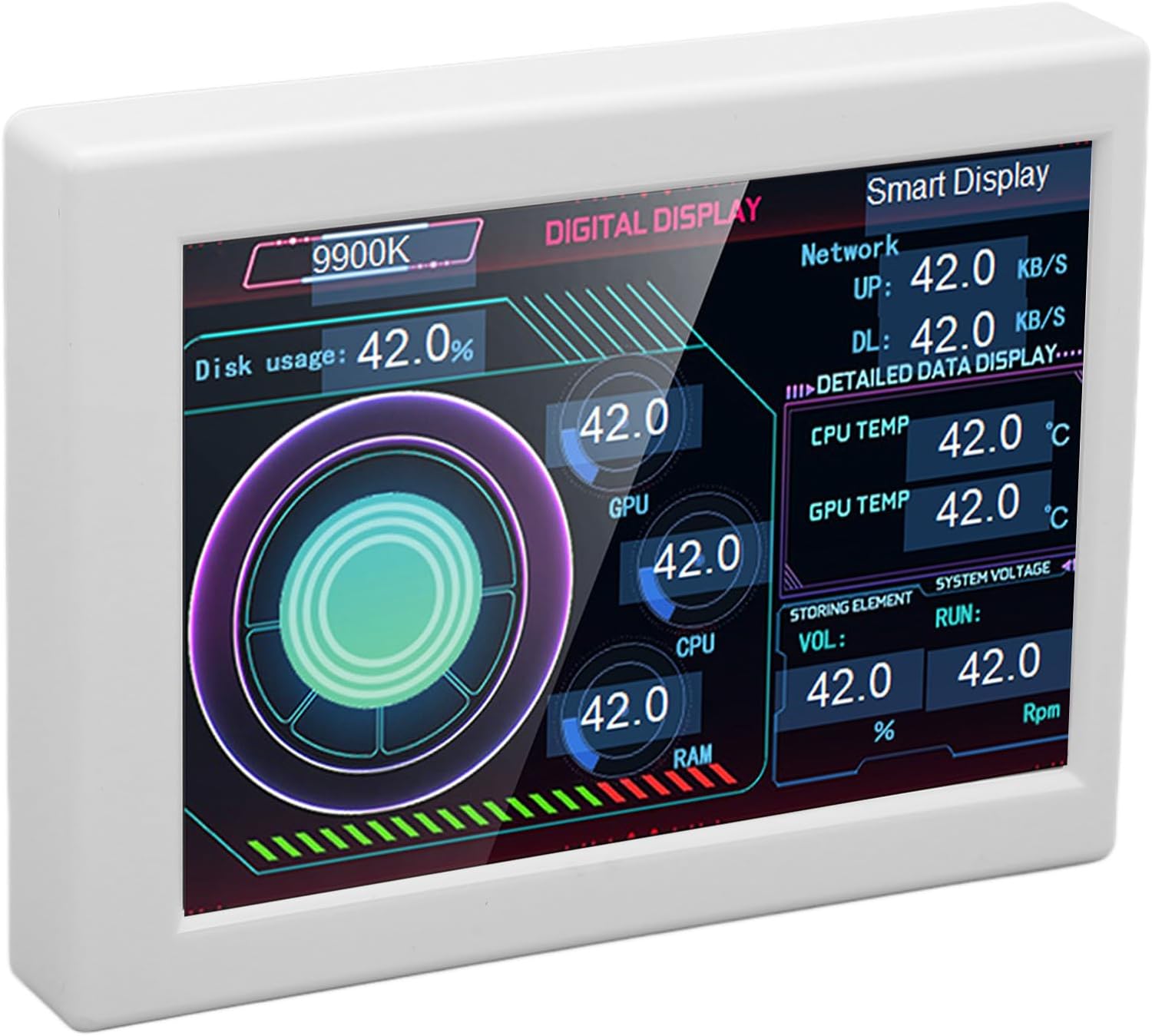 Bewinner Computer Temp Monitor, 3.5 Inch PC Temperature Display, Stepless Dimming Rotating PC Sensor Panel, PC CPU Data Monitor for Desktop Chassis, USB C Rechargeable (White)