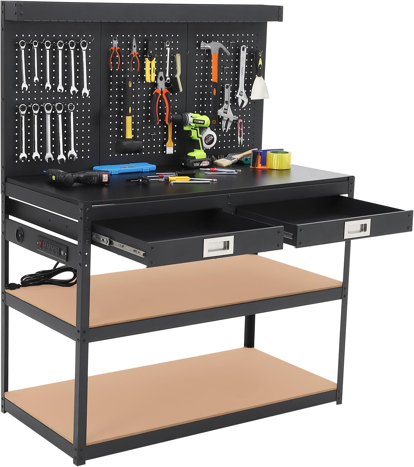 ACONEE Workbench Steel Work Bench for Garage, Heavy Duty Table with Pegboard,...