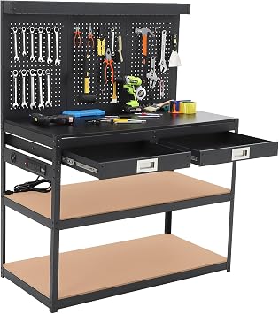 48" Heavy Duty Steel Garage Workbench with Pegboard & Storage, 2 Storage Shelves & 2 Drawers, 1000 LBS Load Capacity, Metal Steel Frame, All-in-One Work Bench Table for Workshop/DIY