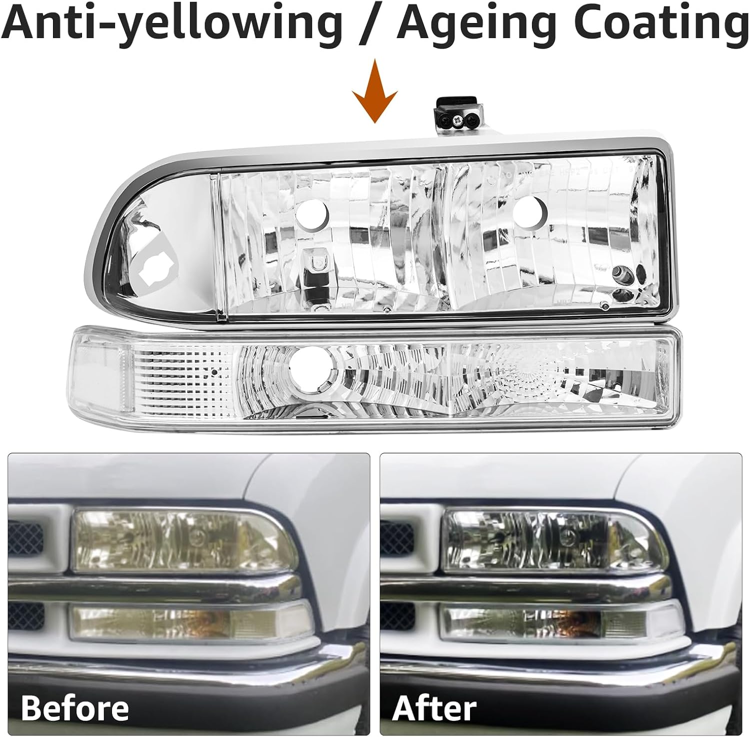 Headlight Assembly Compatible with 1998 1999 2000 2001 2002 2003 2004 2005 Chevy Blazer Headlights, 98-04 Chevy S10 Pickup Headlamp w/Bumper Lights 4Pcs, Chrome Housing Clear Corner